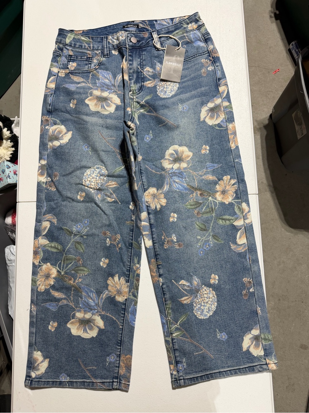 Flamingals Women’s Floral Print Wide Leg Ankle Jeans Blue Size M NWT
